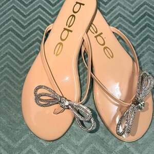 Bebe Nude Rhinestone Bow Thong Sandals, Women's Size 9 — Glamorous Flat Slides